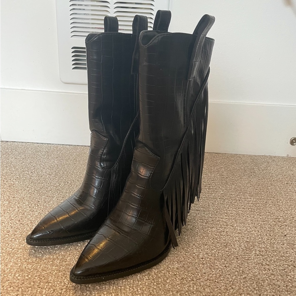 Black Fringe Cowboy Boots -Size 6